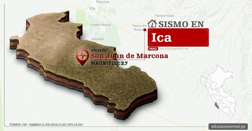 Temblor en Ica de Magnitud 3.7 (Hoy Sábado 11 Mayo 2019) Sismo Epicentro San Juan de Marcona - Nazca - IGP - www.igp.gob.pe