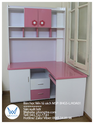 Mẫu bàn học góc liền tủ sách trang trí hoa màu trắng hồng MSP: BHGS-L.HOA01 dành cho Teens girl