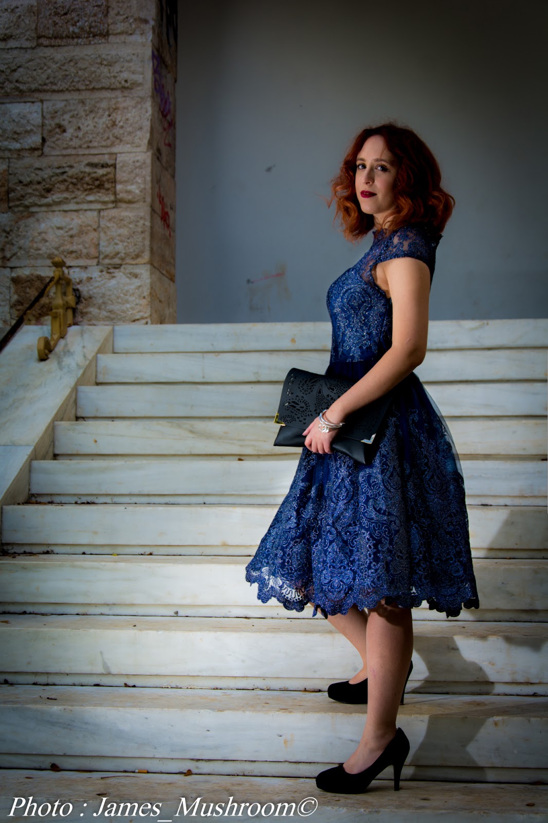 spotlights on the redhead, redhead, model, blogger, review, pretty, anna keni, anna, hot,sexy, chichi London,review occasion dress, navy, blue, lace,midi, white, laser-cut, ashley bridget,james mushroom