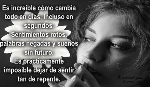 Ya he tenido suficiente. ¡Necesito alguien que comprenda que estoy sola en medio de un montón de gente.! ¡Es increíble cómo cambia todo en días, incluso en segundos. Sentimientos rotos, palabras negadas y sueños sin futuro.   Es prácticamente imposible dejar de sentir tan de repente! Dejar de tener esa necesidad de hablar, de escuchar su voz. Es raro quedar un día bien y al siguiente, quedar como extraños. Y sí, esto lleva su tiempo así, pero sabes? No me acostumbro.   No. Porque me resulta más que extraño toda esta mierda, ahora todo es tan diferente, pero a la vez tan real. Lo peor es que solo me resulta raro a mí, lo más gracioso es que aquí solo pierdo yo. Que parece un maldito juego en el que solo había un ganador, y está claro que esta vez no me tocó a mí. Hay que olvidar lo que uno quiere y recordar lo que uno merece.