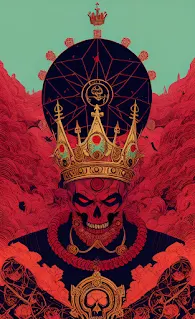 Uma representação abstrata de um crânio vermelho assustador com uma coroa dourada