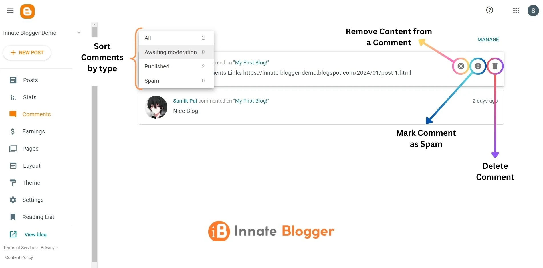 Blogger Dashboard Comments Section