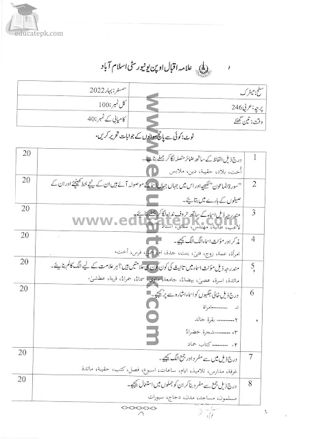 Aiou Old Papers Matric 246 Pdf
