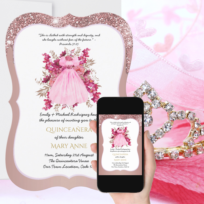 Beautiful Quinceañera Dress Invitations | Rose Gold Blue Silver Pink