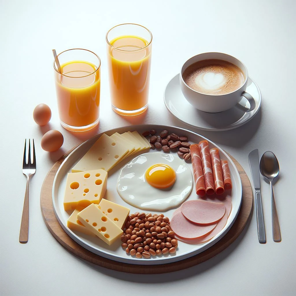 imagen creada con inteligencia artificial de un desayuno de huevo estrellado jamon queso frijoles jugo de naranja cafe