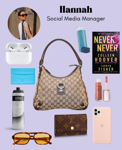 Image of vintage gucci bag, with a book, air pods, louis vuitton key holder, inhaler, waterbottle, lip gloss, phone, sungalsses and blue card holder surrounding the bag. They are cut out against a lilac backdrop.