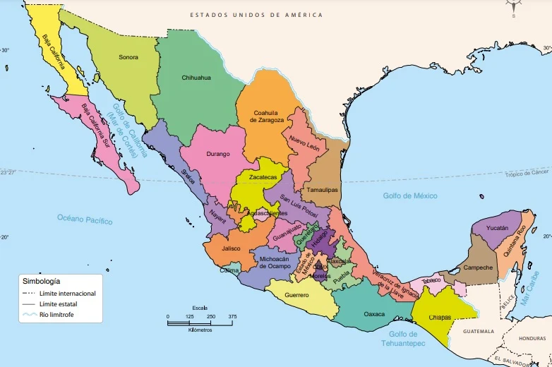 Mapa de la República Mexicana a colores con División Política