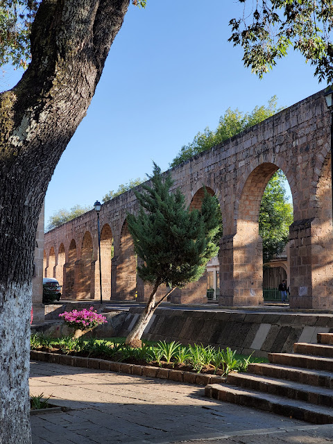 View of Morelia aqueduct from a public park. Trees, green plants, flowering plants, stone steps help make up the composition.