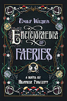 book cover of Emily Wilde's Encyclopedia of Faeries, black background with whimsical flowers and swirls around the words