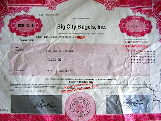 Big City Bagels stock certificate