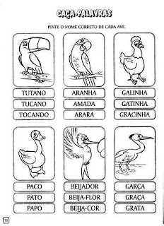 Atividades De Alfabetização - Pinte o nome de cada ave