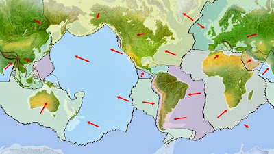 Earth's tectonic plates with arrows indicating motion