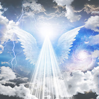 A view of a blue sky and clouds with beams of light and wings shining down. Angel portal.