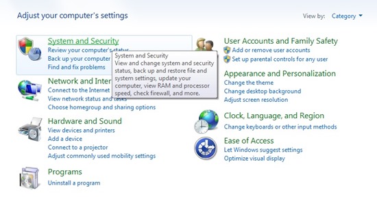 control panel category
