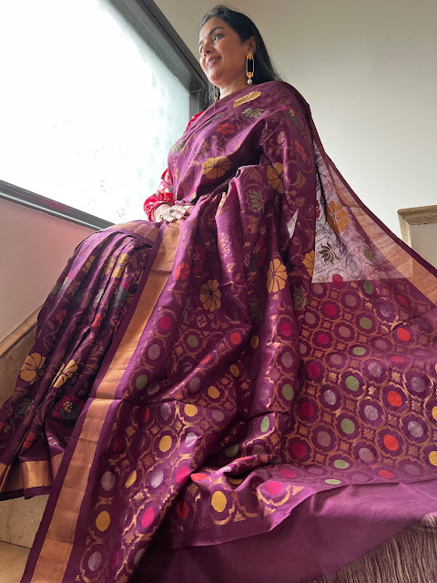 Regal Elegance Unveiled: The Aubergine Silk Jamdani Saree with Real Zari