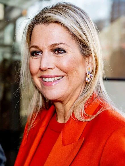 Queen Maxima wore a new wool stretch jaden jacket, blazer, orange Jaden double-breasted stretch-wool suit by Joseph