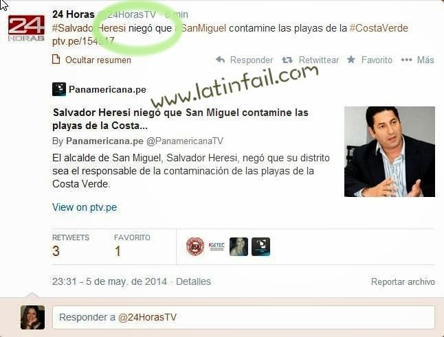HUMOR SE DICE NIEGÓ O NEGÓ - FAIL 24 HORAS -> Salvador Heresi niegó que San Miguel contamine las playas de la Costa Verde - ERRORES ORTOGRÁFICOS