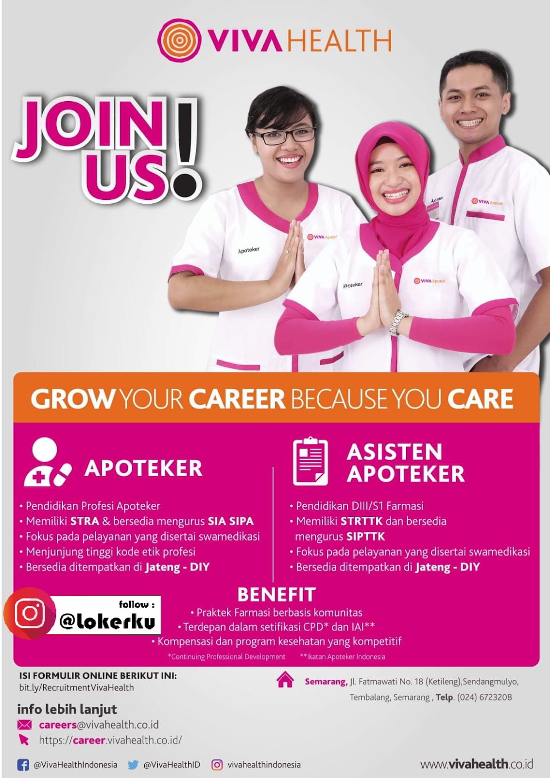 Lowongan Kerja Apoteker & Asisten Apoteker di VIVA Health Jawa Tengah & DIY, Lihat pada poster dibawah ini untuk informasi tentang loker Jawa Tengah & DIY terbaru