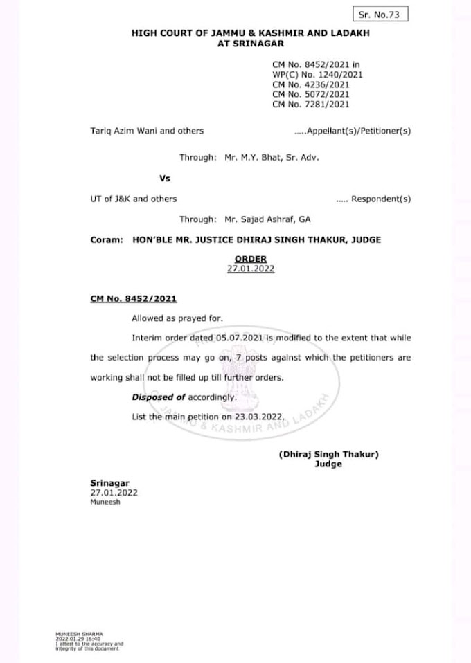JK High Court Vacated Stay Order Against JKSSB Health & Medical Education Dept. Notification No. 02/2021 Posts