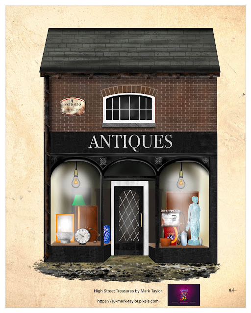 antique shop with antiques in shop window
