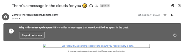 A snapshot shows a promosional email from Zomato with emojis in subject line from the spam folder of gmail.