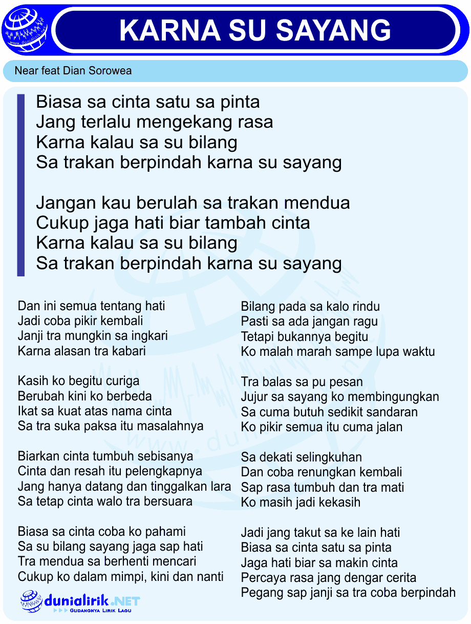  Lirik Lagu Karna Su Sayang by Near feat Dian Sorowea 