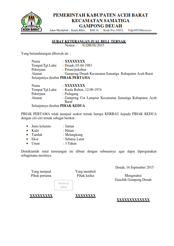 Contoh Surat Perjanjian Jual Beli Hewan Qurban