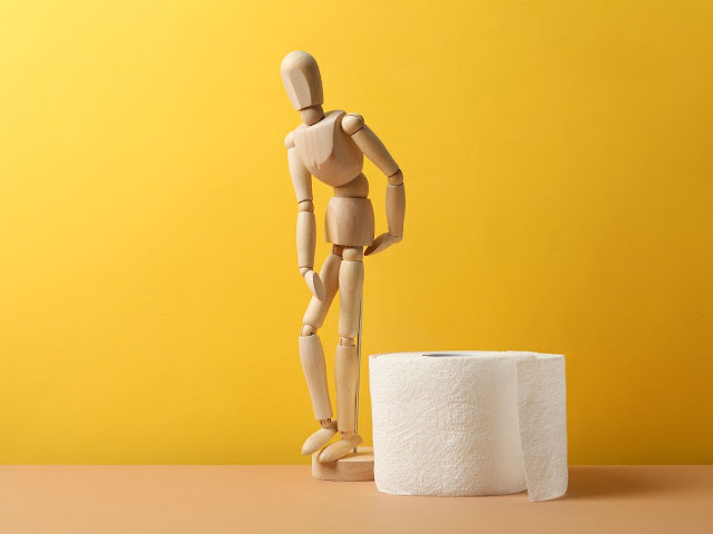 Wooden figured man or woman showing symptoms of diarrhea standing next to a toilet paper roll