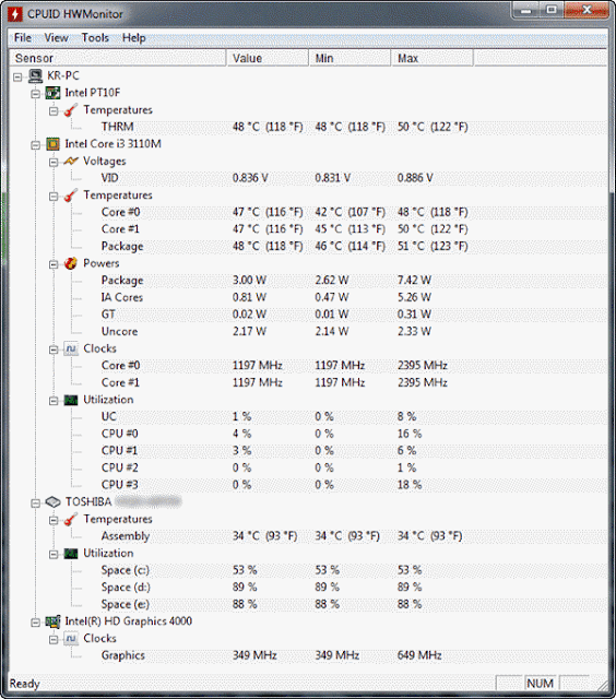 واجهة برنامج HWMonitor