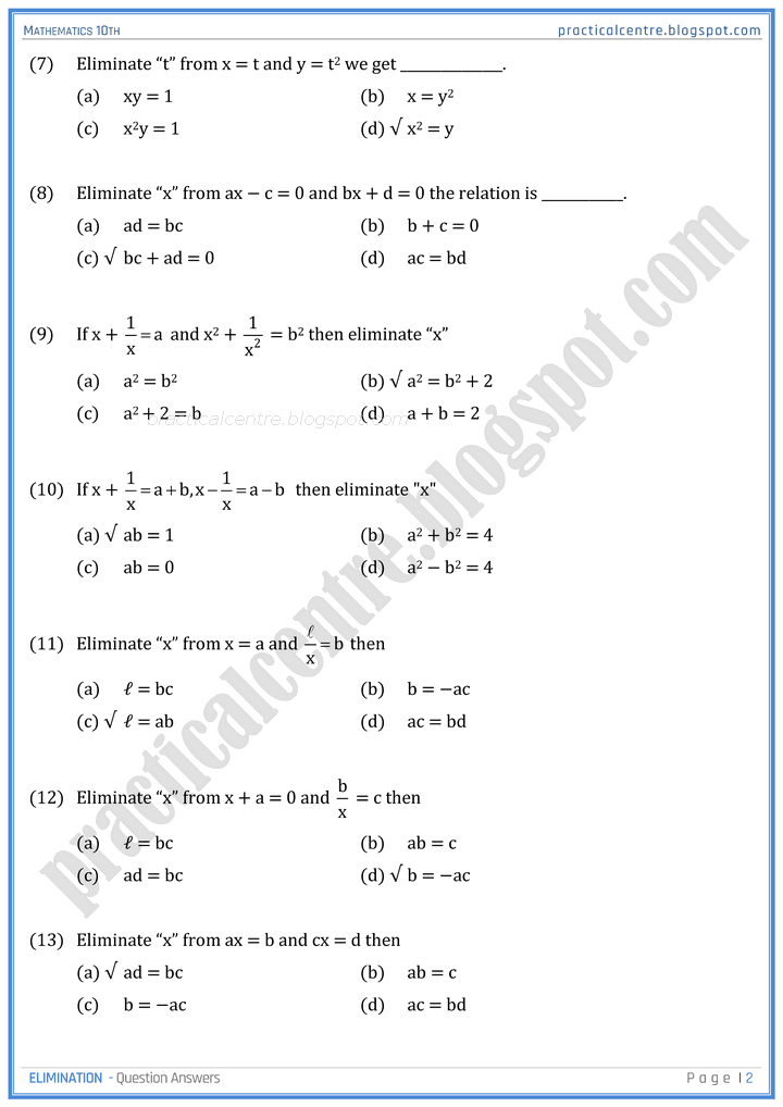 elimination-mcqs-mathematics-10th