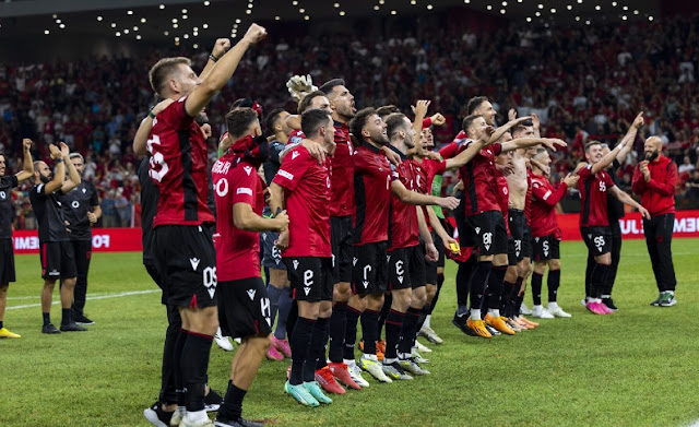 Football players of the Albanian national team celebrating after qualifying for Euro 2024