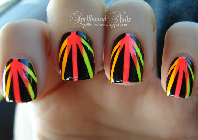 nailart nail art nails mani manicure Spellbound Neon Sunbeams Rays Sunrays China Glaze Funky Fingers Color Club Taped Taping Tape orange green yellow pink hot black white Sun Worshiper Kingston Yell-Oh!