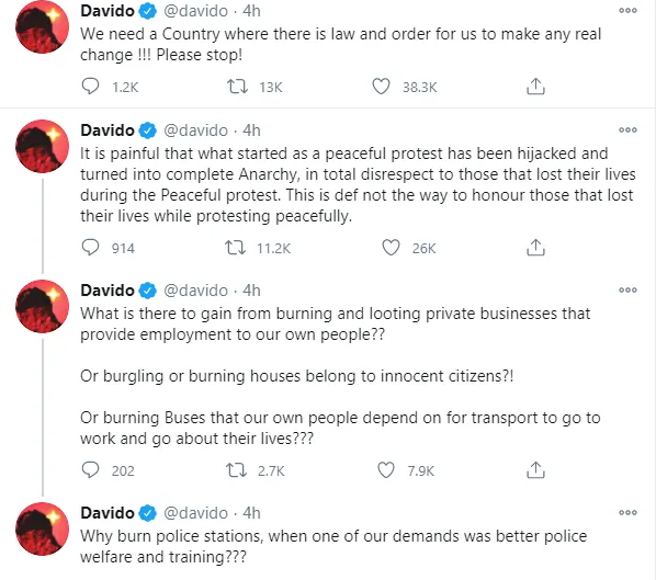 #EndSARS: "Peaceful Protest Now Turned Anarchy" – Davido Cried Out Over Protest Outcome
