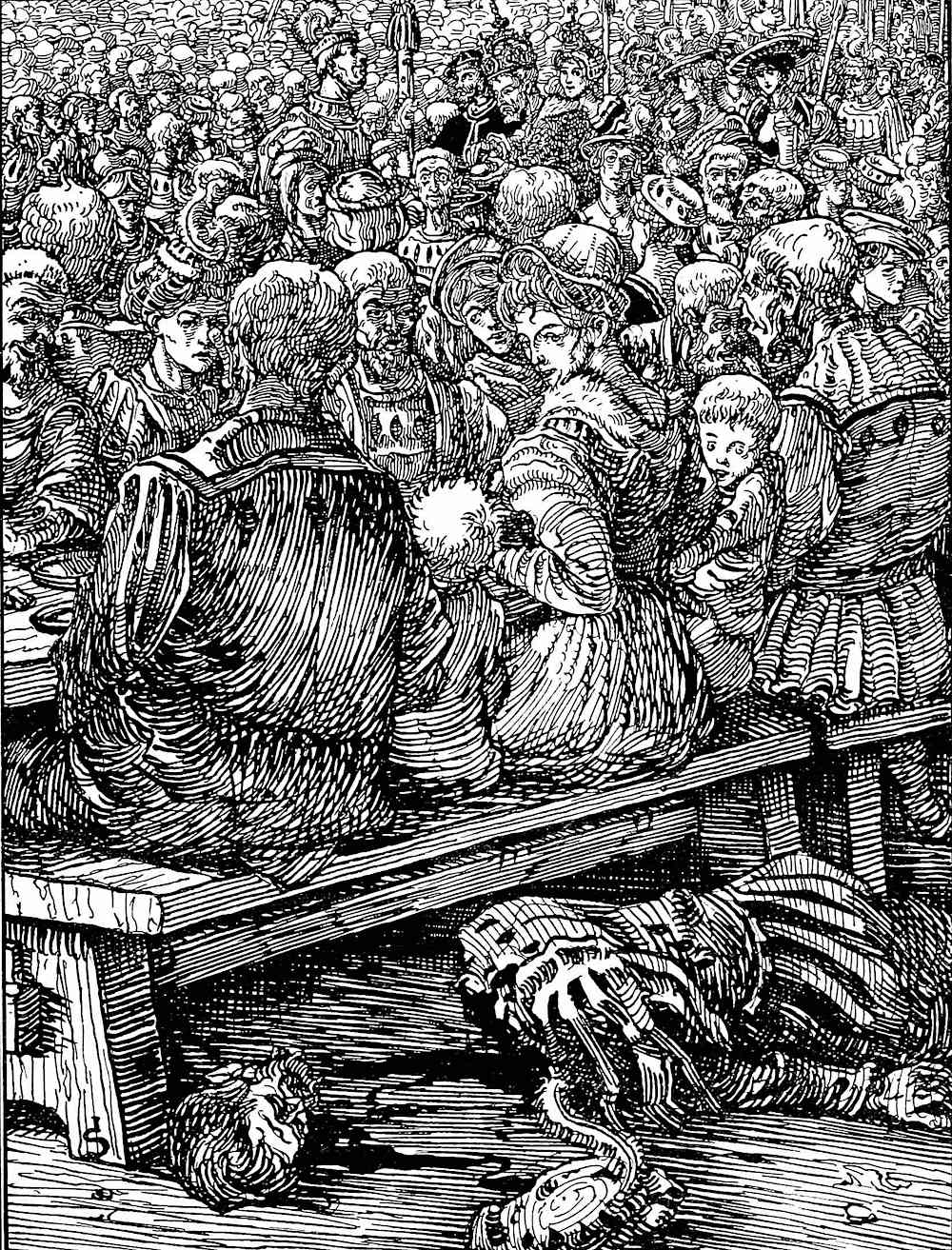 a Joseph Sattler illustration of a busy dining hall ignoring a dead man on the floor