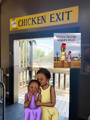 A cartoon of two young girls with dark skin. One wearing a purple dress, the other a yellow dress, sit in a photograph of a non-cartoon doorway with a rollercoaster in the background. Above the doorway is a sign that says "Chicken Exit."