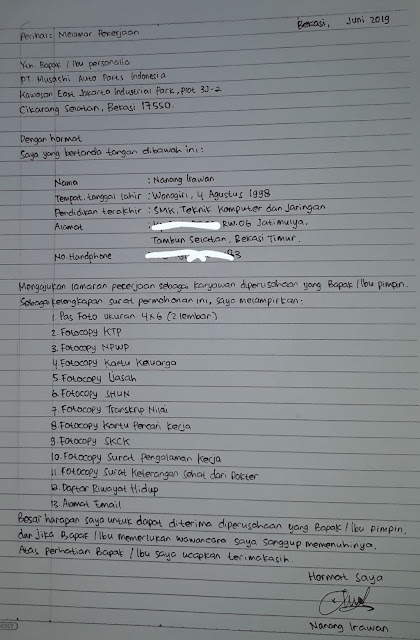 Contoh Surat Lamaran Kerja tulis tangan Pabrik yang Benar ...