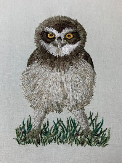 Baby Burrowing Owl thread painting design by Tanja Berlin