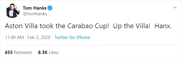 Tom Hanks mocked for celebrating Aston Villa's Carabao Cup 'triumph'