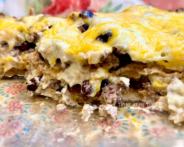 Beef Enchilada Casserole in glass pan