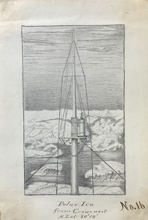 A sketch of a ship's crow's nest with an ice-filled ocean beyond it.