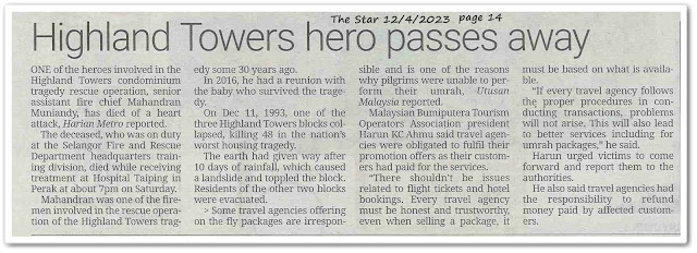 Highland Towers hero passes away - Keratan akhbar The Star 12 April 2023