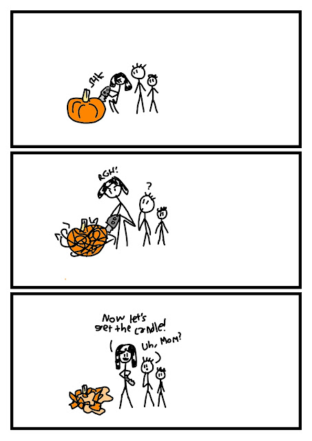 Elaine inserts her knife in a pumpkin, with her children Alex and Max watching. She then proceeds to move the knife in a random path, reducing the pumpkin to hard pieces and mush. She then exclaims, "Now let's get the candle!" and Alex, skeptical if their "Jack-O-Lantern" will work, comments, "Uh, Mom?"