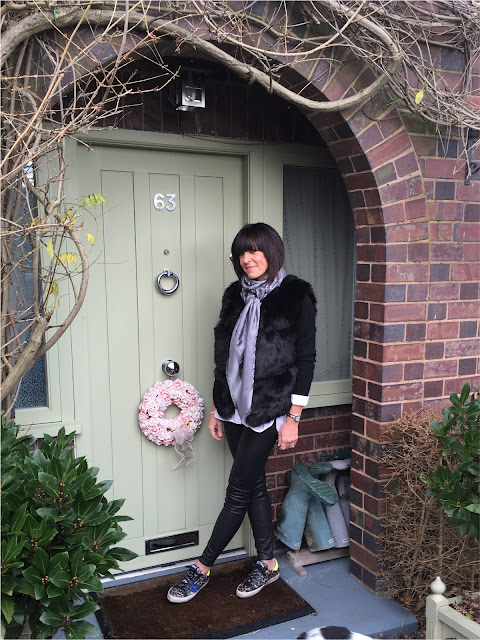 My Midlife Fashion, Faux Fur Gilet, Louis Vuitton Monogram Scarf, Massimo Dutti Leather leggings, H and M boyfriend shirt, marks and spencer pure cashmere crew neck jumper, golden goose leopard print trainers