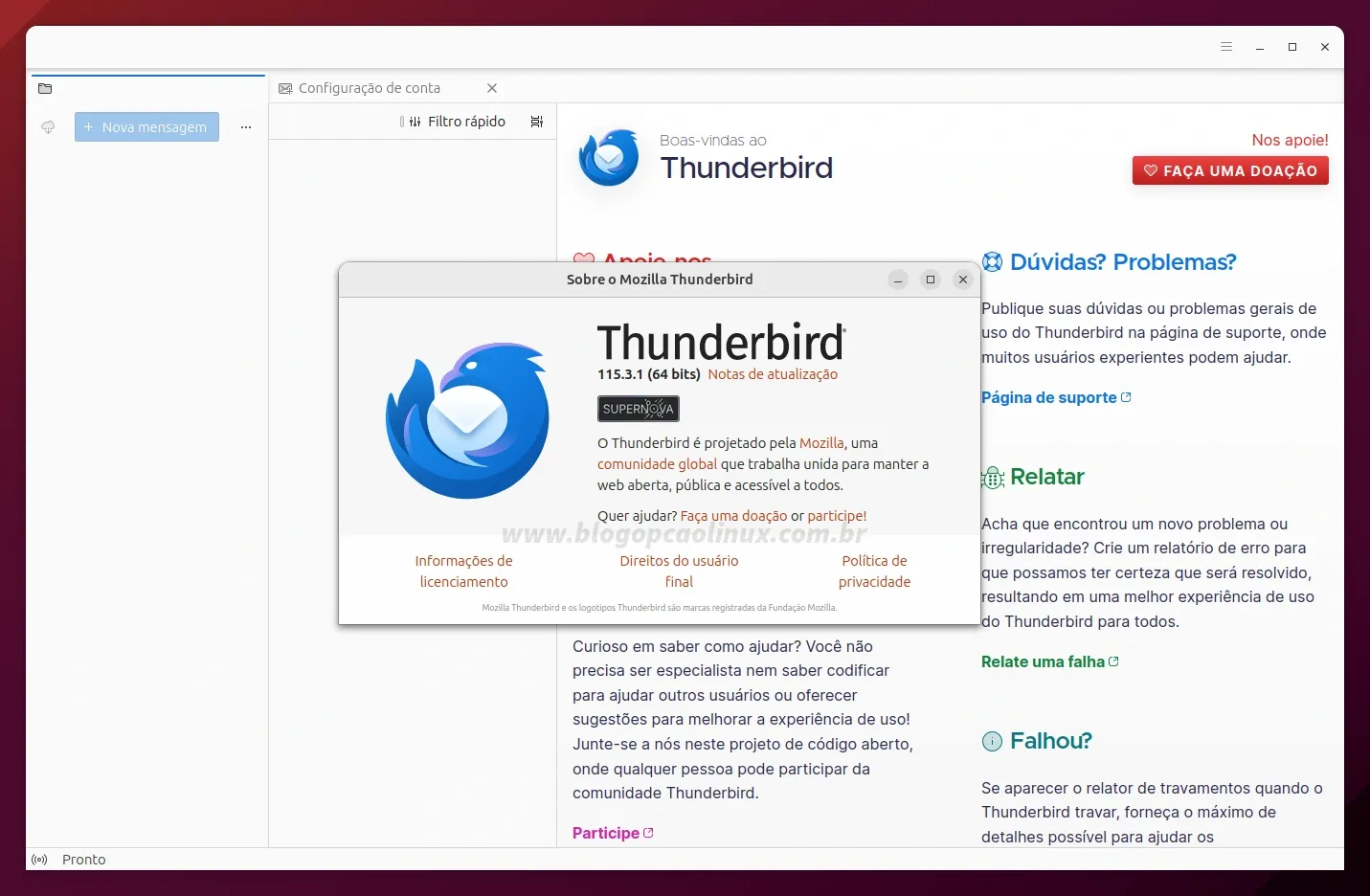 Mozilla Thunderbird executando no Ubuntu 23.10 (Mantic Minotaur)