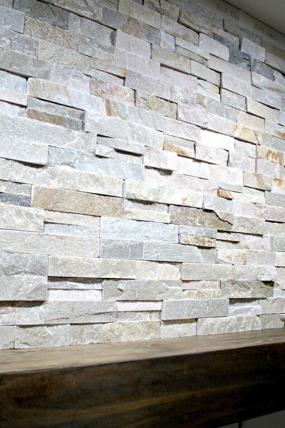 stacked stone around fireplace