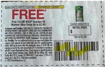 1 free 1ct Air Wick Scented Oil Warmer Max Value $2.09 Coupon from "SS" insert week of 1/1/23.