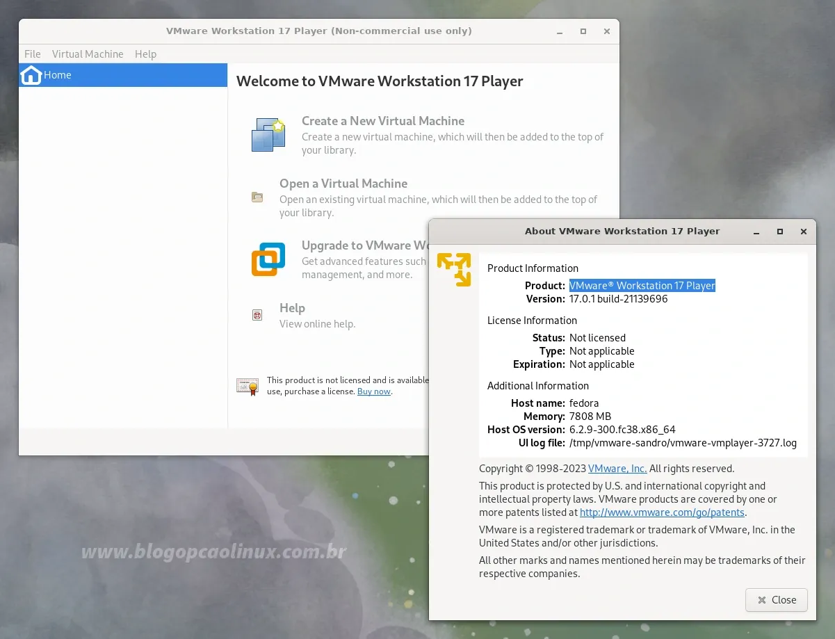 VMware Workstation Player executando no Fedora 38 Workstation