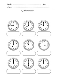 Atividade com horas Relógios para Completar - Que horas são