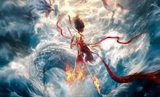 Ne Zha berdiri gagah dengan senjata di punggungnya dan lautan bergelora di sekelilingnya, siap menghadapi naga raksasa.