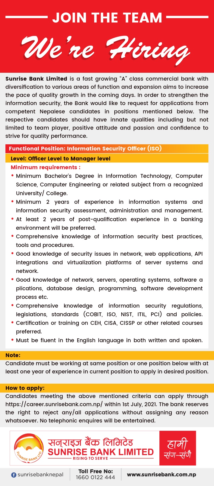 Sunrise Bank Limited Job Vacancy for Information Security Officer (ISO)